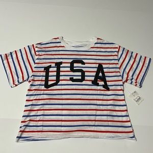 Mighty Fine Women’s USA red, white & blue striped cropped tee Size XS